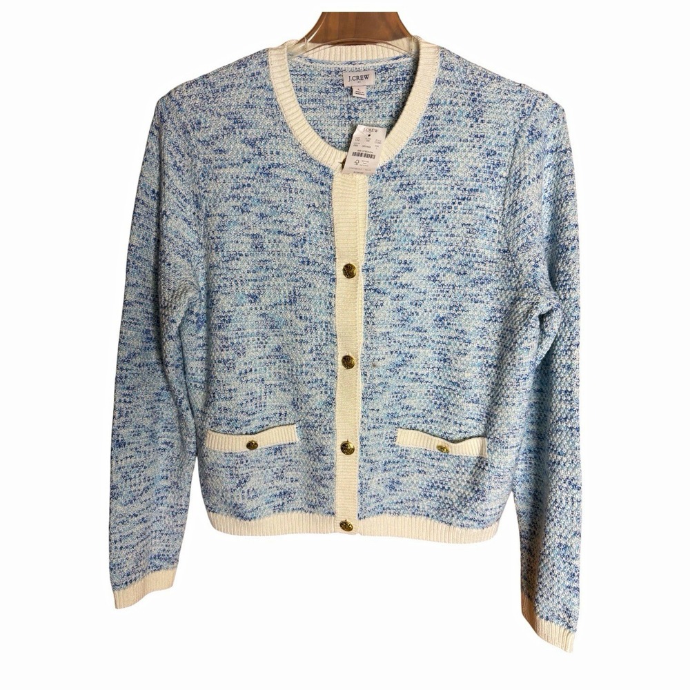 New! J.CREW Blue/White Knit Button Front Cardigan Sweater Pockets Sz L CI350